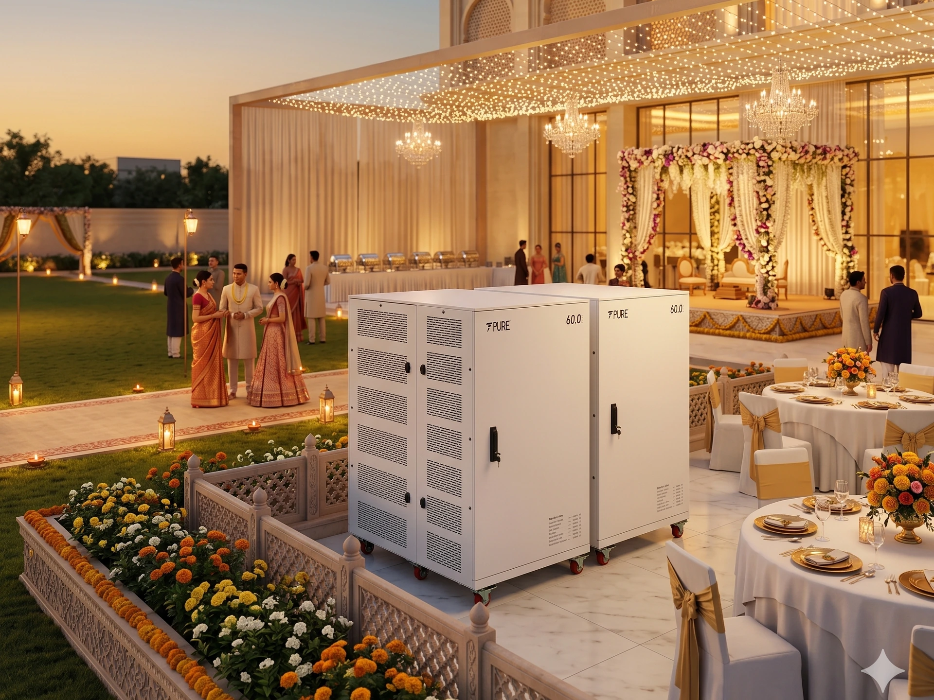 PuREPower 60.0 BESS rental units providing silent, zero-emission power at an Indian destination wedding venue — replacing diesel generator hire for outdoor banquets, mandap stage lighting, AC and catering. Under 50 dB at 1 metre.