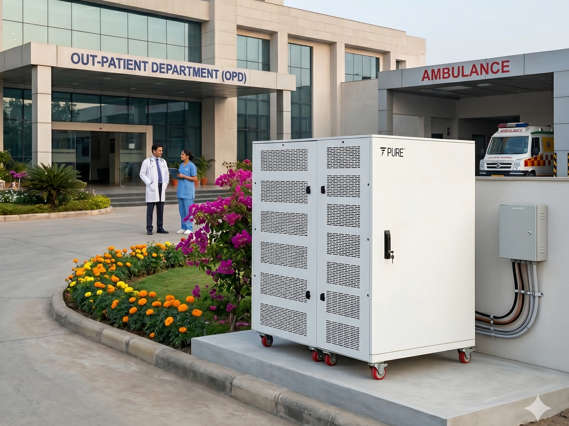 PuREPower 60.0 BESS rental units deployed at the OPD-wing service entrance of an Indian metro hospital. Whisper-quiet backup power for OPD blocks, admin wings, pharmacies, diagnostic centres and hospital build-out phases. App-monitored 24/7.