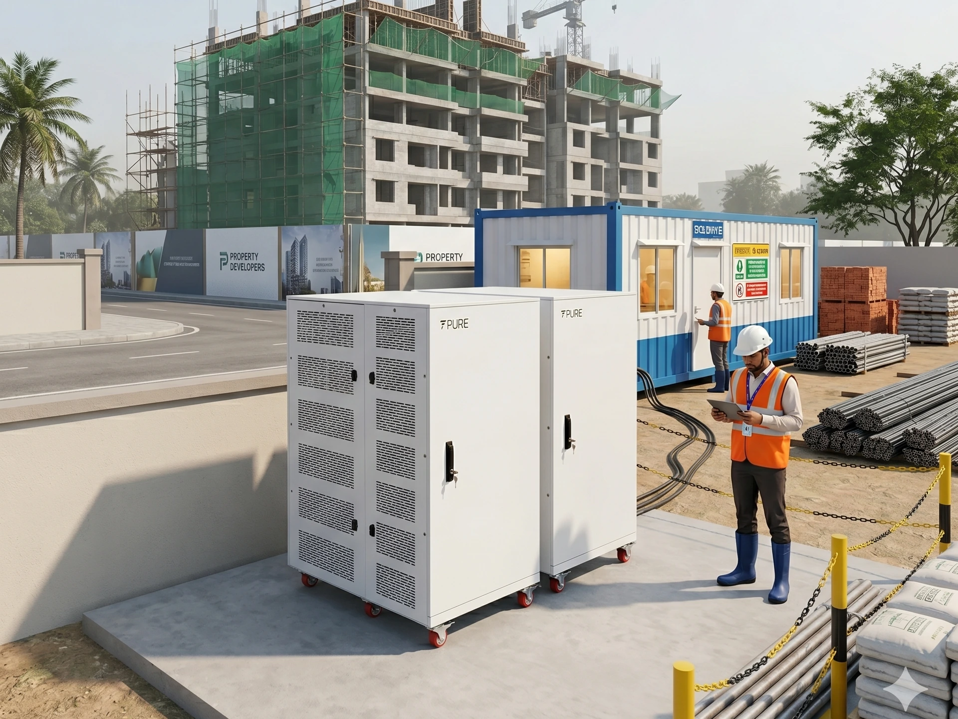 PuREPower 60.0 BESS rental units replacing diesel generators at an Indian commercial under-construction site. Clean power for site office cabins, MEP commissioning, hand-tool charging and security lighting — indicative cost savings versus diesel hire.