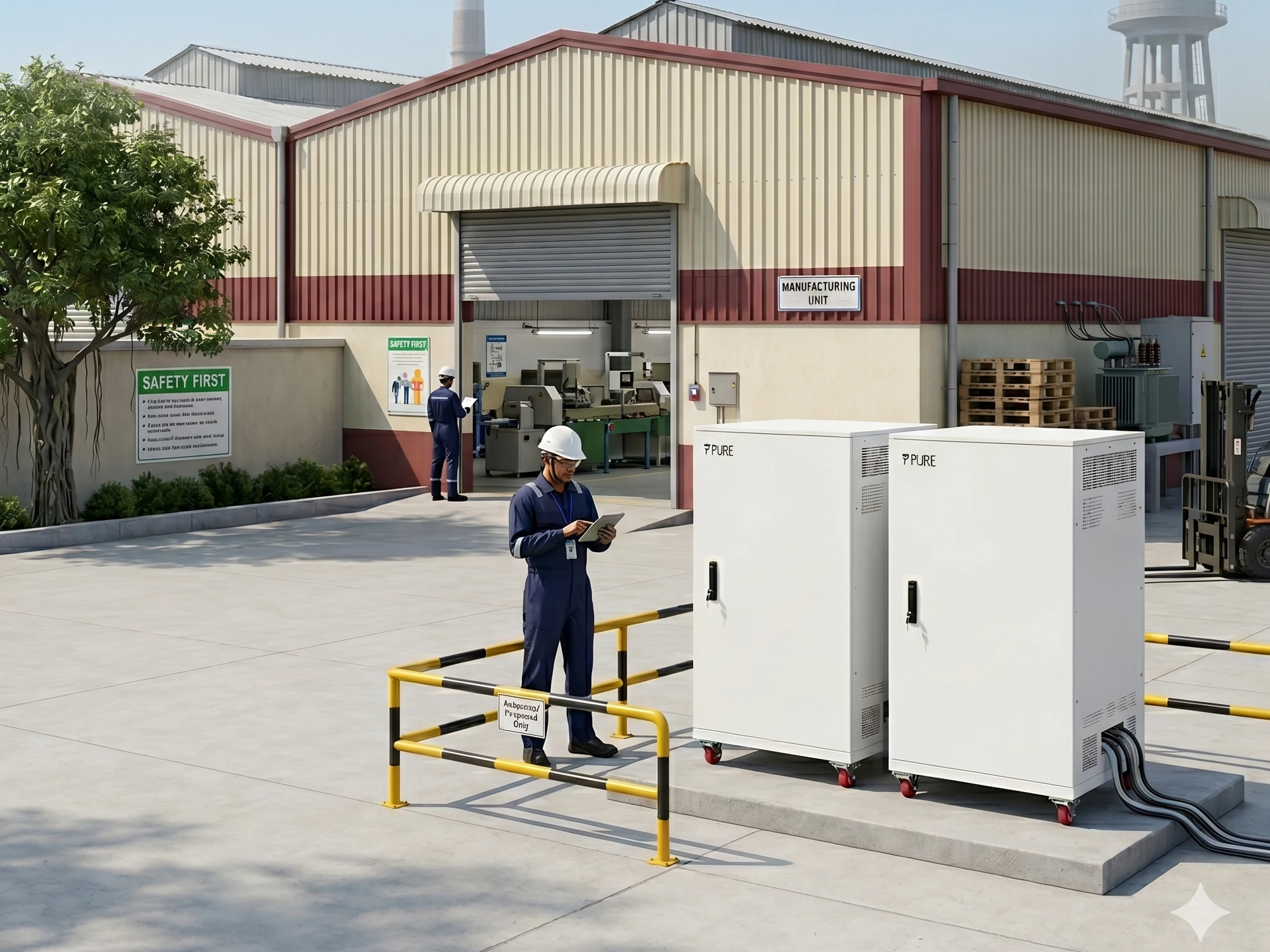 PuREPower 60.0 BESS rental units providing standby power at an Indian SME manufacturing facility. Silent industrial backup for production lines, electrical commissioning and multi-shift operations — on monthly rental contracts. App-monitored battery telemetry.