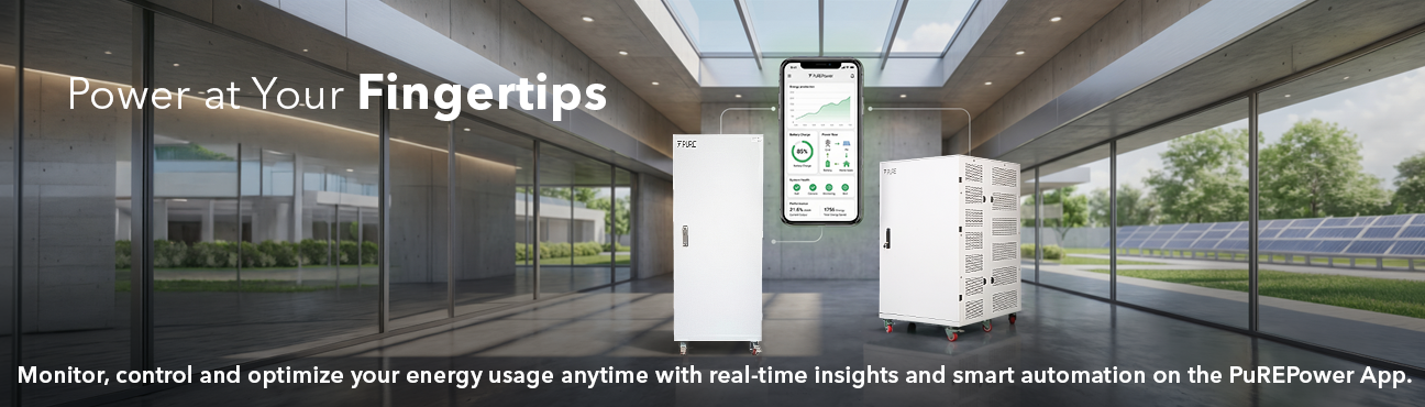 PURE EV mobile app interface displaying smart monitoring and control features for electric vehicles and energy storage systems.
